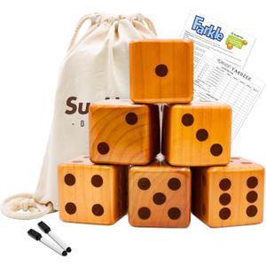 SunNordic Giant Dice Yard Game  6 Large Wooden Outdoor Dice Set with Scoreboard & Portable Collapsible Bucket  Classic Backyard Lawn Game for Adults, Kids & Family (Log Color)