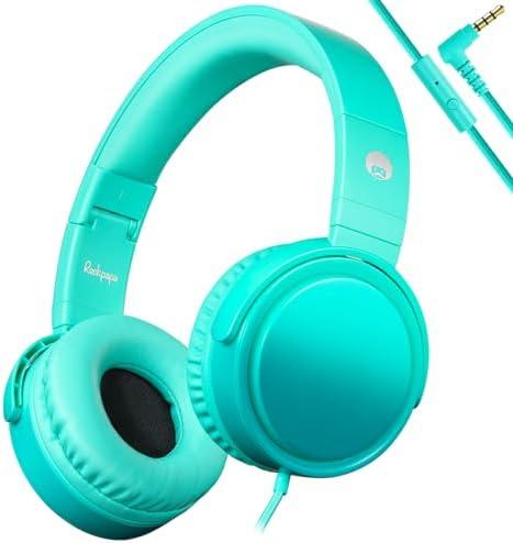 rockpapa Grade Wired Headphones with Microphone, Lightweight Foldable Stereo Bass Headphones with No-Tangle Cord & 3.5mm Jack for Adult/Kids, Laptop Tablet Airplane Chromebooks Teal
