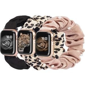 TOYOUTHS 3 Pack Compatible with Apple Watch Band Scrunchies Women 38/40/41/42mm Cute Stretchy Elastic Cloth Fabric Strap for iWatch Series 11 10 9 8 7 6 5 4 SE 3 2 1, Black/Leopard/Rose Gold, S