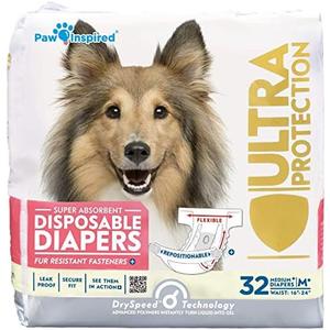 Paw Inspired 32ct Disposable Dog Diapers | Female Dog Diapers Ultra Protection | Diapers for Dogs in Heat, Excitable Urination, or Incontinence (Medium Plus)