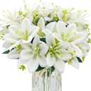 4 Bundles Artificial Tiger Lily Silk Flowers Faux Fake Lilies Plants for Wedding Bouquet Home Party Indoor Table Hotel Office Vases Floral Arrangements Outdoor Garden Decor (White)