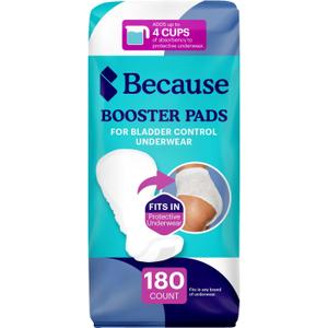 Because Premium Incontinence Booster Pads for Men and Women, Adds Extra Absorbency to Adult Diapers, Super Soft, Adhesive Strip Backing, Unisex, 180 Count (9 Packs of 20)