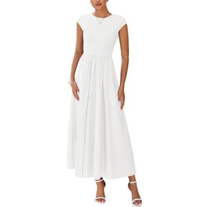 PRETTYGARDEN Women's 2025 Summer Casual Long Dresses Cap Sleeve Patchwork A Line Flowy Modest Elegant Homecoming Maxi Dress (White, Medium)