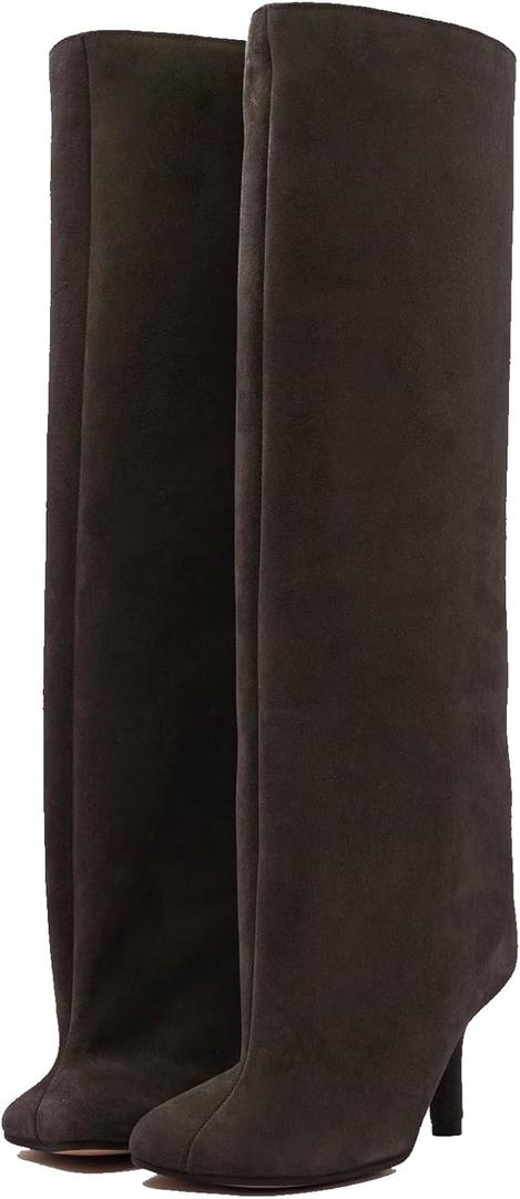 Women's Knee High Suede Boots for Women Wide Calf Square Toe Stiletto Heels Tall Boots Pull On High Heel Long Booties (Brown) Size 8