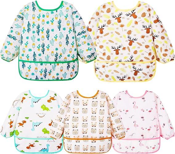 Lictin Long Sleeve Bibs 5 Pack - Baby Bibs for Girl or Boy, Reusable Infant for Feeding Teething or Weaning, Size S