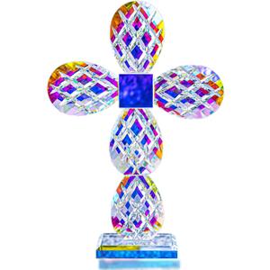 QFkris 9'' Tall Colorful Crystal Cross Standing Grid Modern Cross Figurine Glass Craft Memorial Gifts Christian Decor