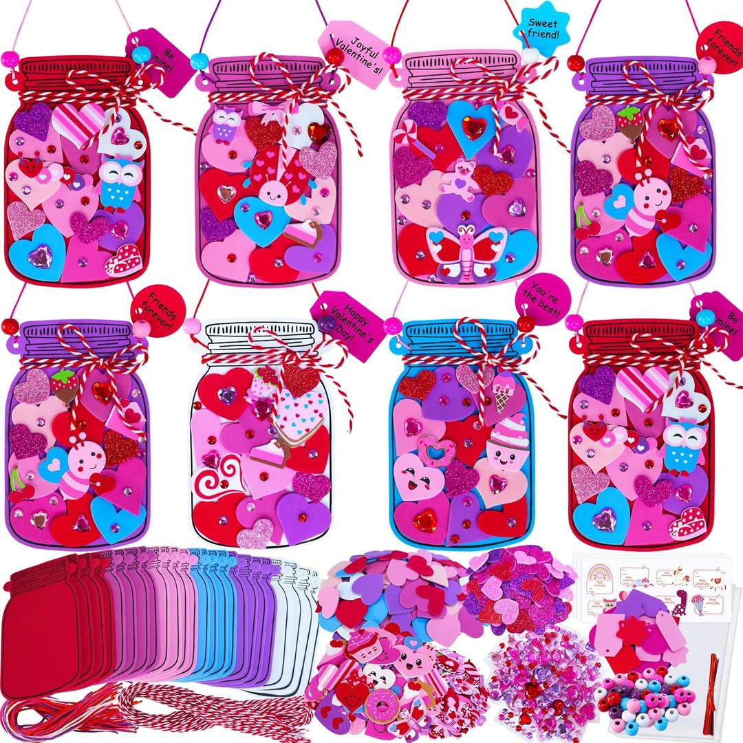 Winlyn 24 Sets Valentine's Day Heart Mason Jar Ornaments Decorations DIY Valentine Craft Kits Assorted Mason Jar shaped with Heart Valentine Stickers for Kids School Classroom Activities Gift Exchange