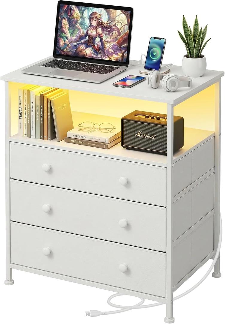 3-Drawer LED Nightstand with Charging Station, White, 15.8"D x 24"W x 29.5"H
