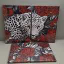 Kalormore 3 Pieces Wildlife Animal Canvas Wall Art Black and White Burgundy Red Leopard with Yellow Eyes in Blossom Poeny Flowers Painting Picture Framed and Stretched Artwork for Modern Living Room (16 x 24 inches)