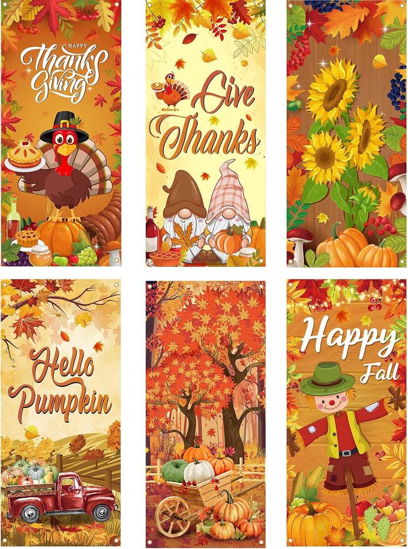 Preboun 6 Pcs Thanksgiving Fall Door Cover for Front Door Thanksgiving Entry Banner Decoration 78 x 35 Inches Happy Fall Entrance Background Dwarf Pumpkin Harvest Porch Banner for Indoor Outdoor