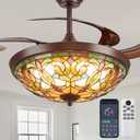 Ceiling Fans with Lights - 48" Retractable Ceiling Fan with Remote, App Control, 6 Speeds Reversible, LED Dimmable, Quiet Fandelier for Bedroom, Living Room (Art Nouveau, Brown)