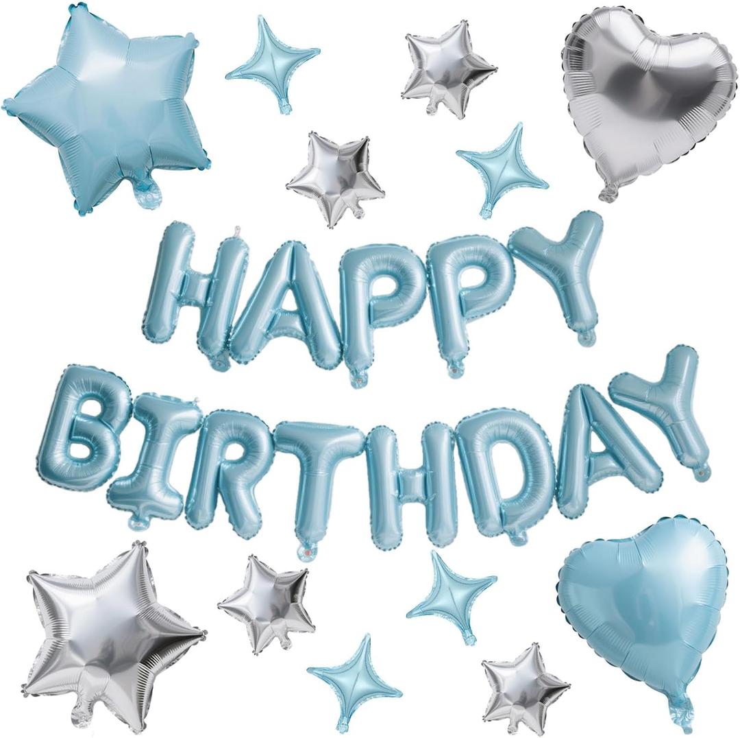 Light Blue and Silver Happy Birthday Party Decorations, 16 Inch Happy Birthday Balloons Banner for Men, Heart Star Foil Balloons