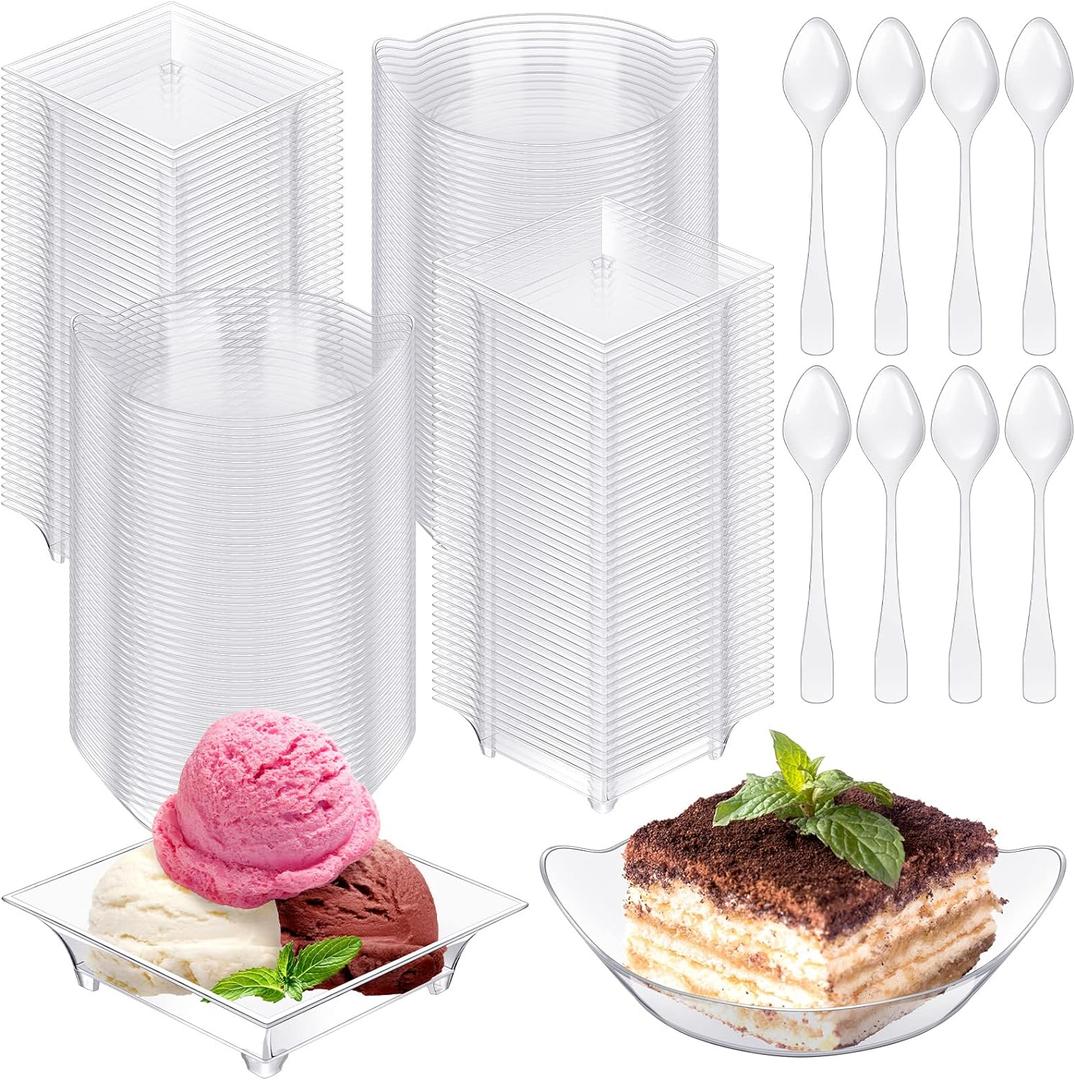 Eaasty 400 Pcs Mini Dessert Plates with Tasting Spoons Disposable Serving Trays 100 Pcs Small Square Appetizer Plates and Clear Plastic Trays with Mini Spoons for Desserts Party Fruit(Oval Leaf)