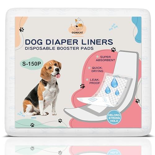 OOMICAT Dog Diapers Liners, 150 Ct, Super Absorbent Booster Pads for Male Dog Wraps and Female Dog Diapers, Lnnovative Hook-and-Loop Tape Design, Super-fit & No Shifting, Small Dog Diaper Pads