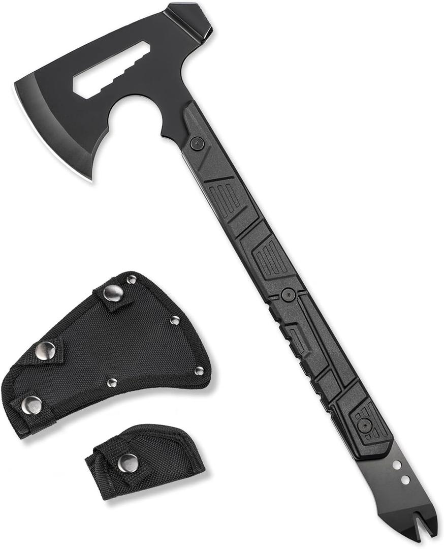 Camping Axe and Survival Hatchet 17.5in Full Tang with 3.7in Stainless Steel Blade, Hammer and ABS Handle for Outdoor Survival, Camping, Throwing and Everyday Tasks, Black