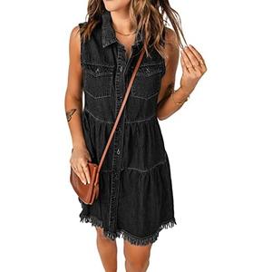 luvamia Women's Casual Summer Lapel Sleeveless Button Down Short Denim Jean Dress (Medium)