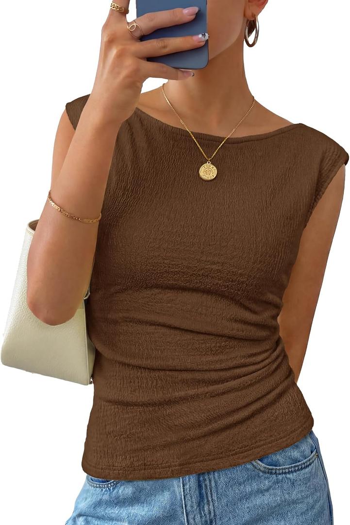 ZESICA Women's Summer Ruched Trendy Tank Top 2026 Cap Sleeve Boat Neck Slim Fit Cute Tops Going Out Tee Shirts Fashion (Brown, M)