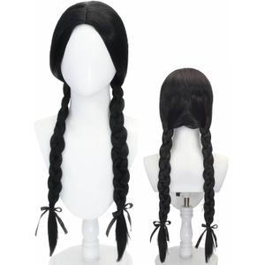 Long Black Braided Costume Wig Black Pigtails Wig 27.5'' Synthetic Hair + Net Cap for Women Halloween Daily