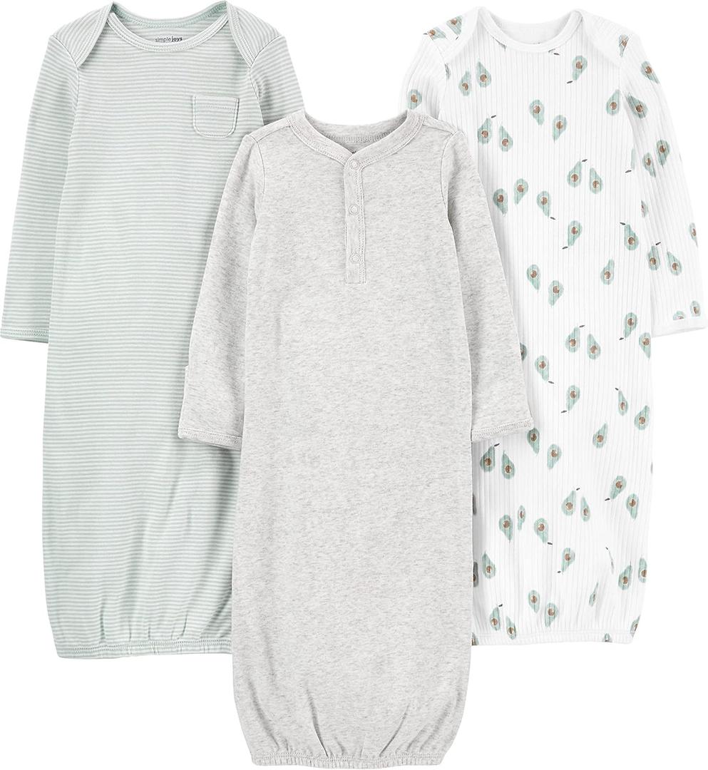 Simple Joys by Carter's unisex-baby 3-Pack Cotton Sleeper Gowns, Avocados/ Heather/ Stripe, 0-3 Months
