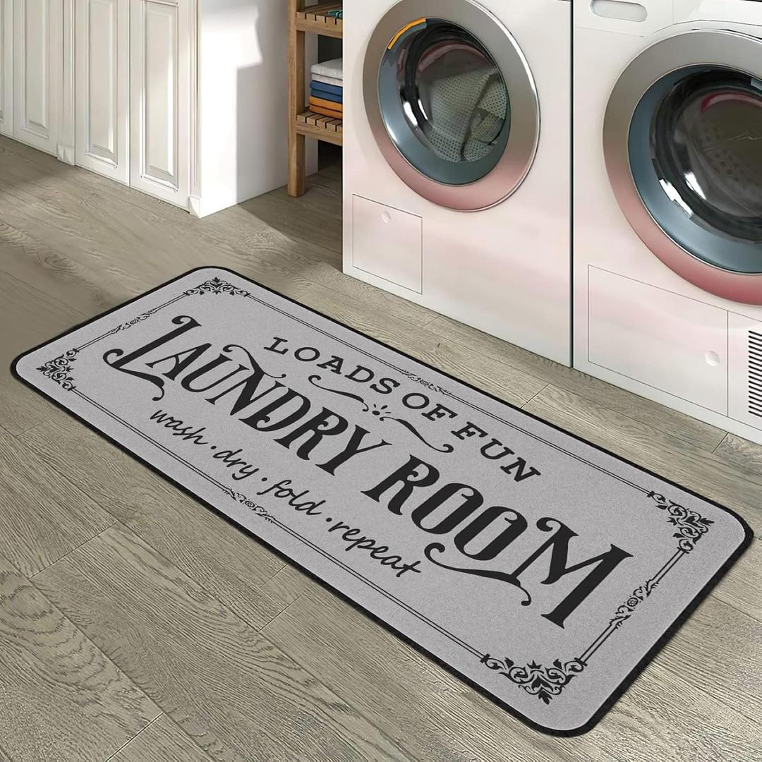 Farmhouse Laundry Room Rug 20"x47" Non Slip Floor Mat Runner Rugs for Kitchen Bathroom Hallway Laundry Room Decor, Light Grey