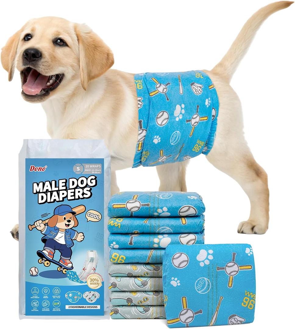 Dono Dog Diapers Male 20ct, Widened Disposable Male Dog Wraps, Super Absorbent Doggie Belly Bands with Wetness Indicator, Leak-Proof Puppy Pampers for Incontinence Excitable Urination, Small (Small (12-19inch))
