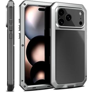 Marrkey Compatiable with iPhone 17 Pro Max Case,360 Full Body Protective Cover Heavy Duty Shockproof [Tough Armour] Aluminum Alloy Metal Case with Silicone Built-in Screen Protector - Silver