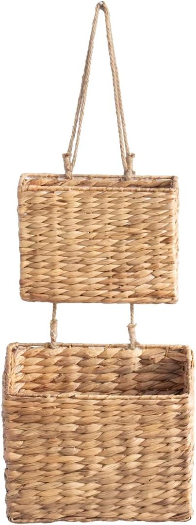 YAHUAN Woven Water Hyacinth Hanging Basket 2-Tiered Storage Baskets Hanging Organizer Hanging Wall Basket for Home,Pantry,Garden, Office Organization (Water Hyacinth) (Trapezoid)