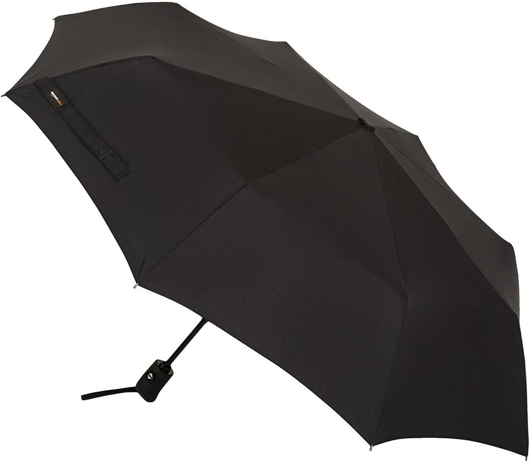 Amazon Basics Round Travel Umbrella for Rain, Compact Umbrella with Auto Open/Close, Strong Alloy Steel Frame, Compact Size for Backpacks/Handbags (11" Long When Closed), One Size, Black