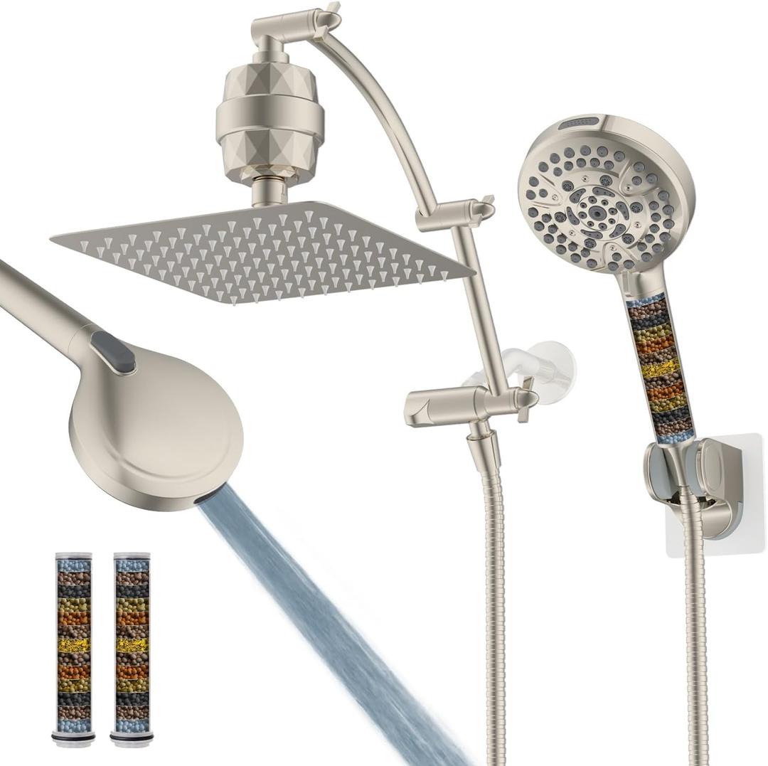 Hibbent All Metal 10'' Dual Filtered Rainfall Shower Head Combo, High Pressure Handheld Shower Head with 16'' Adjustable Extension Arm, 20 Stage Shower Filter, 10-spray, 71'' Hose, Brushed Nickel