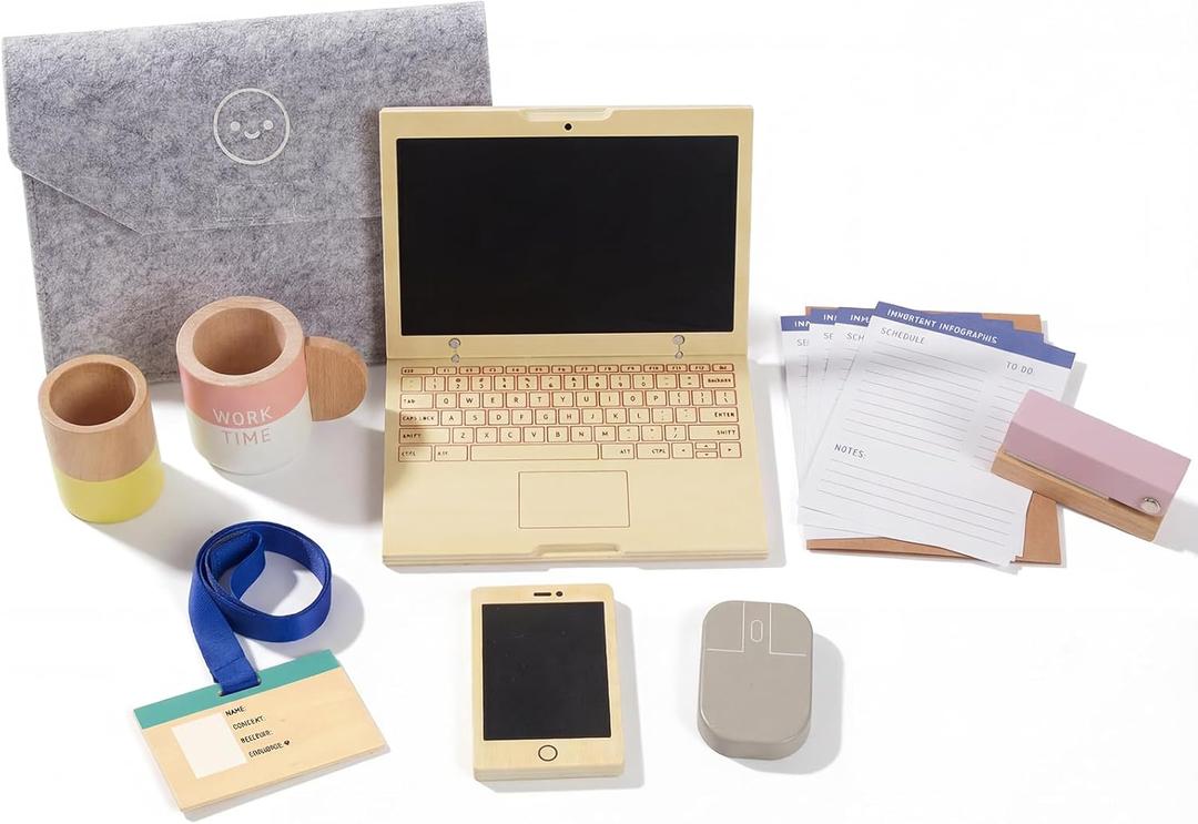 Wooden Pretend Play Home Office Set for Kids, 10Pcs Office Playset with Wooden Toy Laptop & Phone, Toddlers Beverage Cup for Preschool Kid Ages 3+ Years