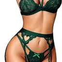 RSLOVE Women Lingerie Sets with Garter Belt 3 Piece Lace Teddy Babydoll Bodysuit (XX-Large, Green)