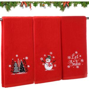 Tiamon 3 Pack Christmas Hand Towels for Bathroom Set Cotton Embroidered 13.7'' x 29.5'' Xmas Snowflake Dish Tea Fingertip Towel Cloths Decorative for Winter Holiday Kitchen Bath Gift (Red,Buffalo)