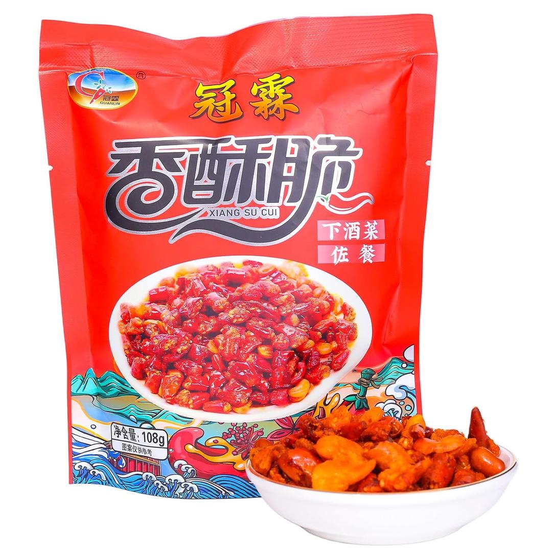 4 x SODGHYTR Chinese Spicy Crispy Chili Snack with Sesame Seeds,Crispy Fried Spicy Chips,Ready To Eat, 108g/3.8oz,Peanuts+Chilies+Broad Beans, Suitable for Lamian Noodles, Rice and Sushi Mix
