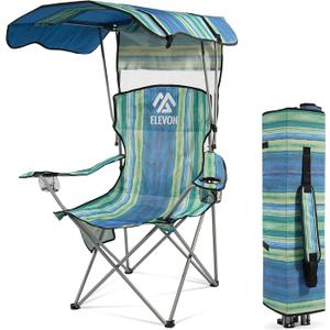 Elevon Camping Chair, Oversized Folding Chair with Canopy, Portable Outdoor Chair with Arms, Cup Holder and Carry Bag for Camping, Fishing, Beach, and Sports, Turquoise