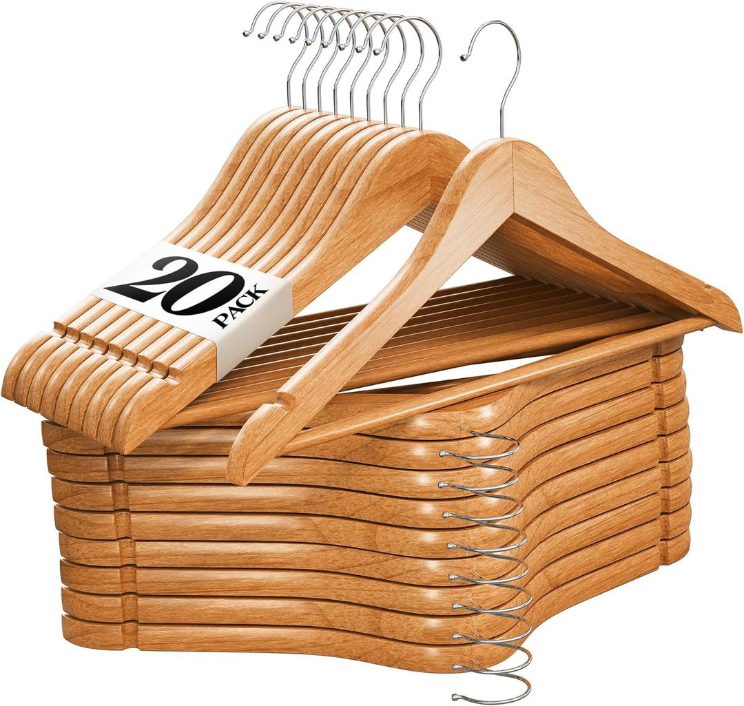 Premium Wooden Hangers 20 Pack - Durable Non Slip Coat Hangers Heavy Duty- Natural Solid Wood Hangers - Clothes Hangers with Chrome Swivel Hooks - Great for Jacket, Dress, Suit Hangers, Home-It