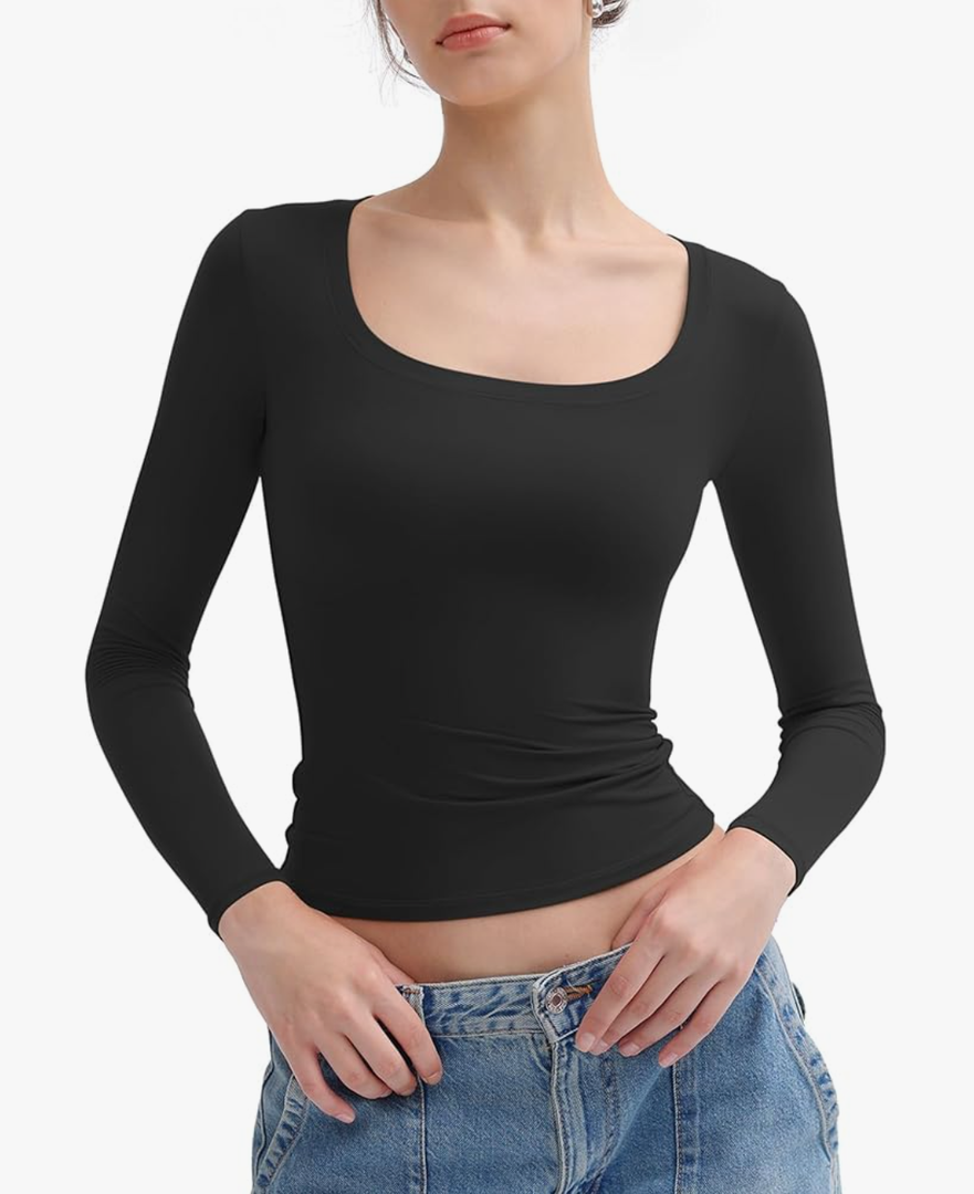 PUMIEY Women's Long Sleeve T Shirts Scoop Neck Slim Fit Going Out Tops Double Lined Basic Tee Smoke Cloud Collection XS