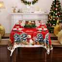 Christmas Tablecloth Rectangle 60x102 Inch, Red Snowman & Pine Tree Table Cloth, Winter Snow Scene Holiday Rectangular Table Cover, Waterproof and Washable Xmas Dining Room Decoration