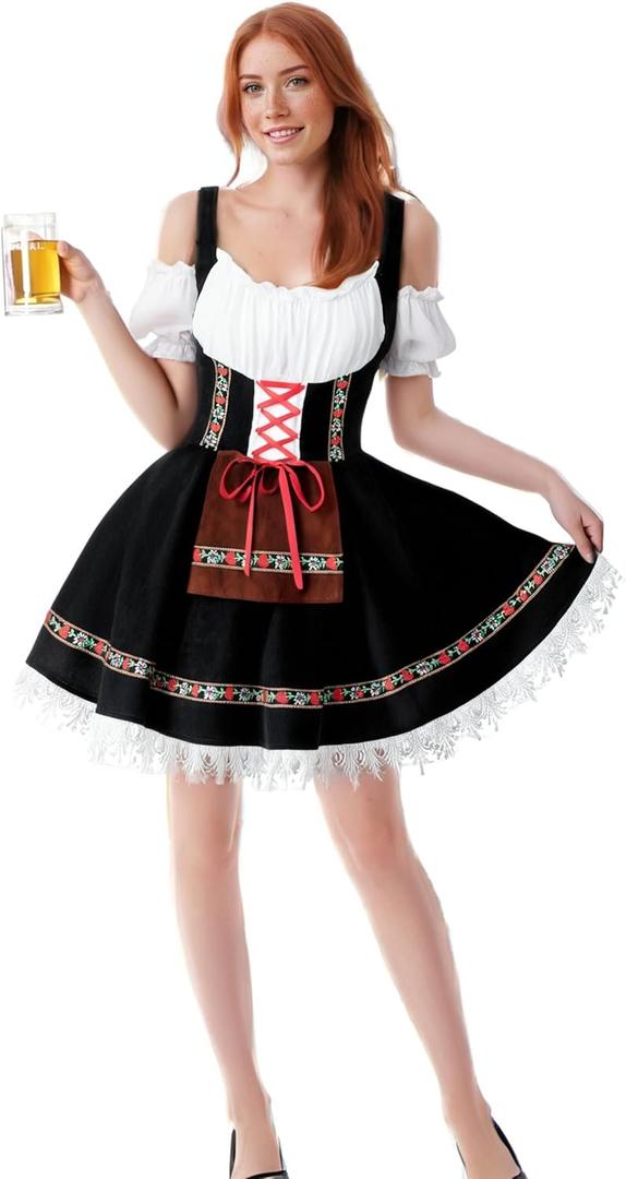 TOONRAIN Oktoberfest Costumes Women Authentic German Dirndl Dress Bavarian Style Beer Outfit (Small, Black)