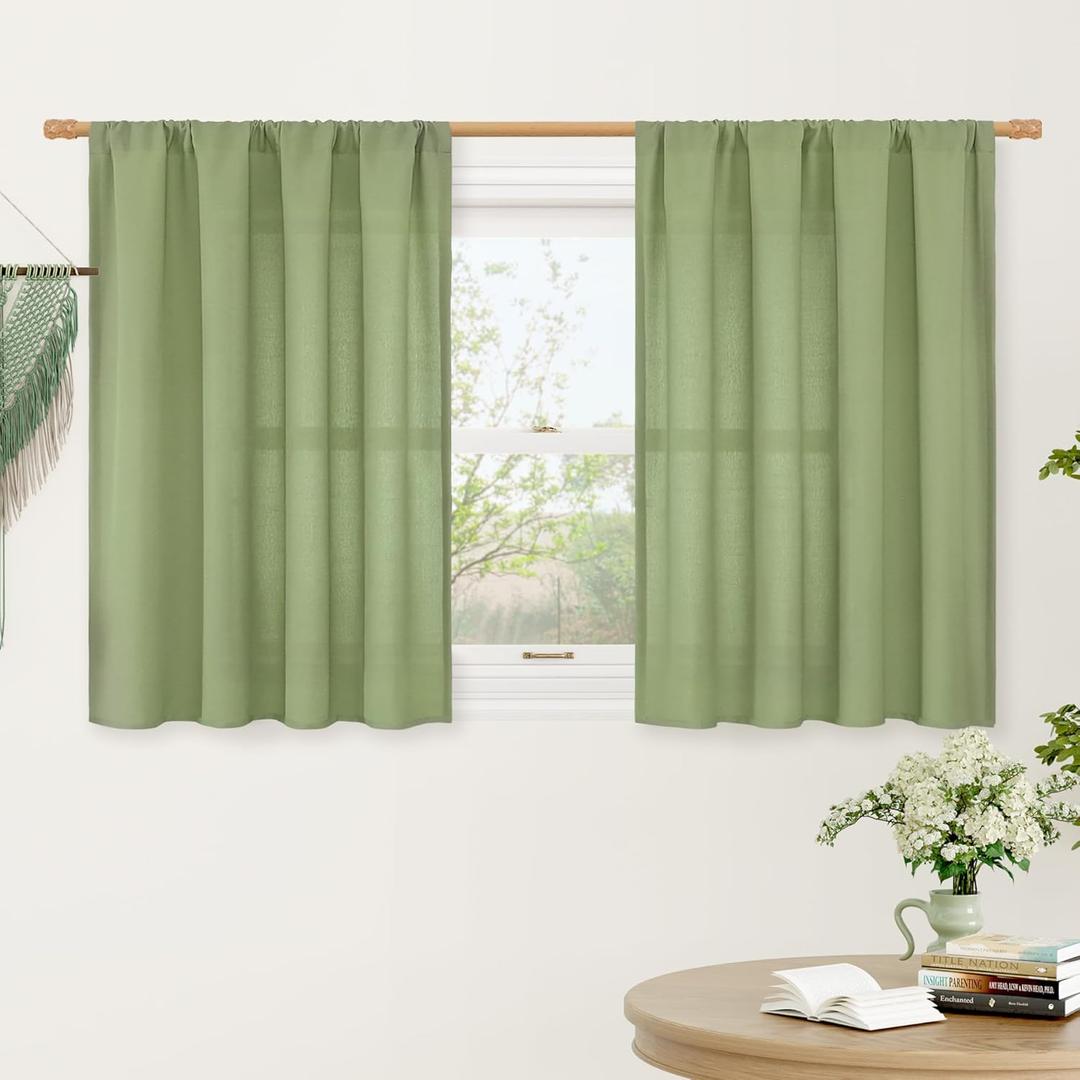 LAMIT Kitchen Linen Curtains 36 Inch Length, Light Filtering Linen Textured Panels Rod Pocket Boho Short Privacy Drapes for RV Basement/Small Windows/Cafe, 2 Panels, 42 x 36 Inch, Sage Green