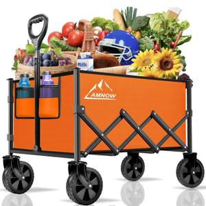 Collapsible Folding Wagon Cart, 350LBS Utility Large Capacity Cart Foldable Wagon with All Terrain Wheels, Grocery Wagons Carts for Garden Shopping Sports Camping, Bright Orange