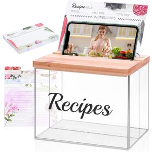 XKDOUS Acrylic Recipe Box, Recipe Cards and Box Set with 50 Recipe Cards and 6 Dividers, 50 Card Protectors, Index Card Holder to Write in Your Own Recipe for Cooking Enthusiasts