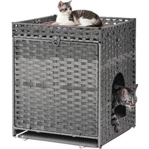 Cat Litter Box Enclosure with Soft Litter Mat; Hidden Kitten Washroom Furniture with Door; Handwoven Rattan Cat House; Pet Crate for Living Room, Bedroom, Balcony (Grey)