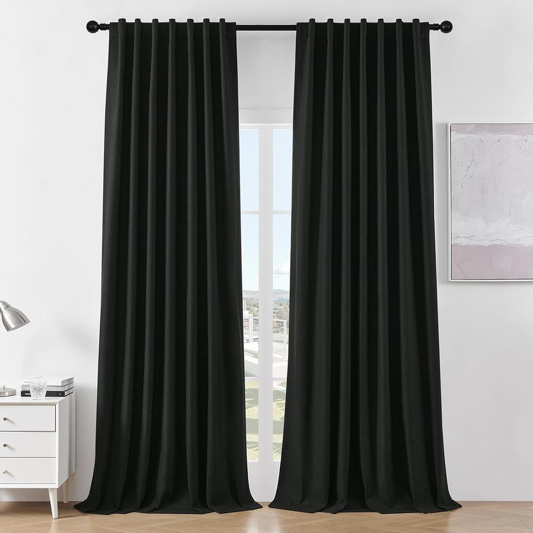 Joydeco Black Blackout Curtains 84 Inches Long - Linen 100% Blackout Curtain for Bedroom, Rod Pocket & Back Tabs Thermal Insulated Noise Reducing Window Drapes 2 Panels Set (Black,52" Wx84 L)
