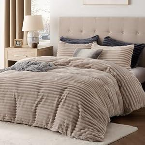 Bedsure Fluffy Duvet Cover Set - Ultra Soft Plush Shaggy Comforter Cover King Size, Warm Flannel Fleece Bed Sets for Winter, 3 Pieces (Striped Pattern, Khaki)