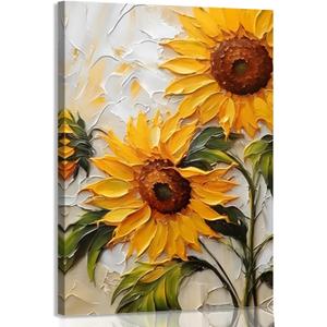 Yellow Sunflower Canvas Wall Art, Oil Sunflower Poster Wall Decor, Sun Flower Picture for Wall Living Room Bathroom Bedroom Home Decoration 12 * 18 in Framed