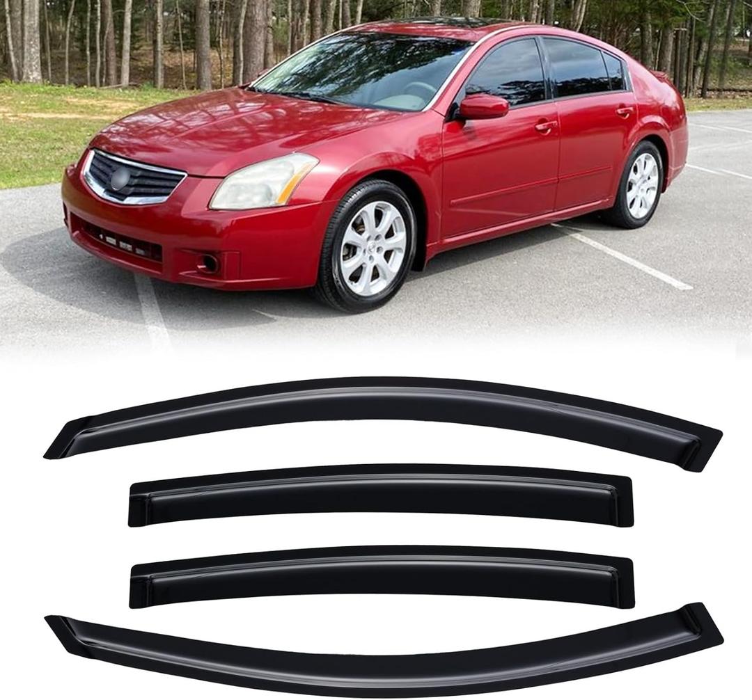 Rain Guards for 2004-2008 Nissan Maxima, Out-Channel Window Visor Shields Vent Deflector Shade Wind Dark Smoke 2005 2006 2007 04 05 06 07 08, Tape-On Outside-Mount, 4PCS