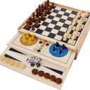 Juegoal 7-in-1 Wooden Board Game Set for Kids Adults, Tabletop Combo Classic Travel Portable Board Games (Chess, Checkers, Chinese Checkers, Backgammon, Parcheesi, Snakes and Ladders, Tic Tac Toe)