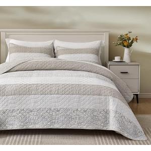 Chezmoi Collection Robyn 3-Piece Neutral Taupe Gray White Floral Hibiscus Flower Patchwork Striped Quilt Set - Pre-Washed Cotton Coverlet - Lightweight Reversible Bedspread, Super King Size