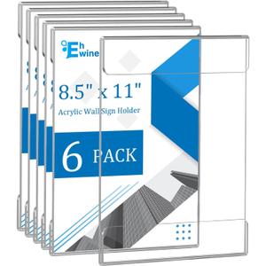 EHWINE 6 Pack 8.5 x 11 Wall Mount Acrylic Sign Holder, Wall Signs Photo Menu Flyer Display Holders, Plastic Clear Acrylic Wall Frames for Office Home Hotel Business Store (with Adhesive Tape)