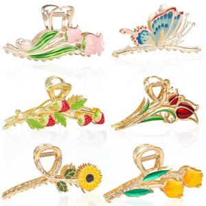6 Pcs Metal Flower Tulip Clips with Strong Hold for Long, Thick & Curly Hair - Cute Strawberry, Butterfly Jaw Hair Clamps for Fashion & Big Hair Styles - For Women and Girls
